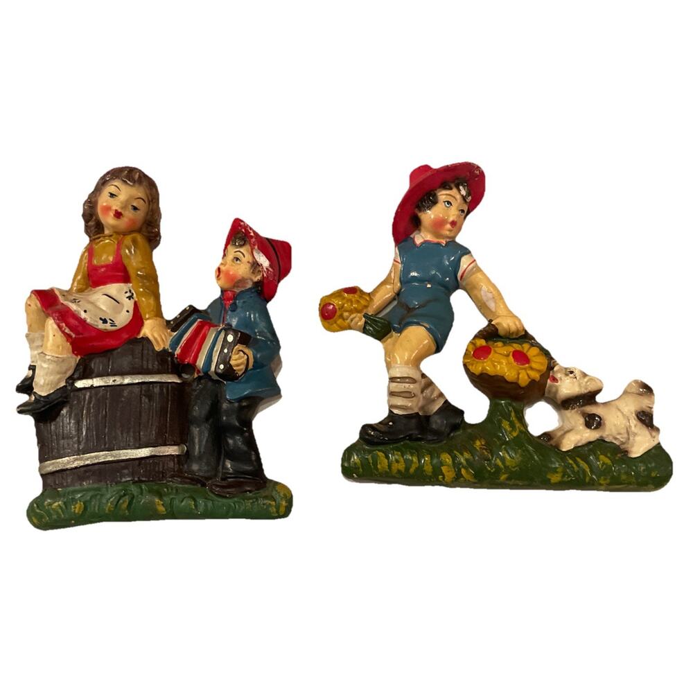 Vintage HTF Unique Vintage Wall Art Chalkware Boy & Girl Singing/ Girl With Dog